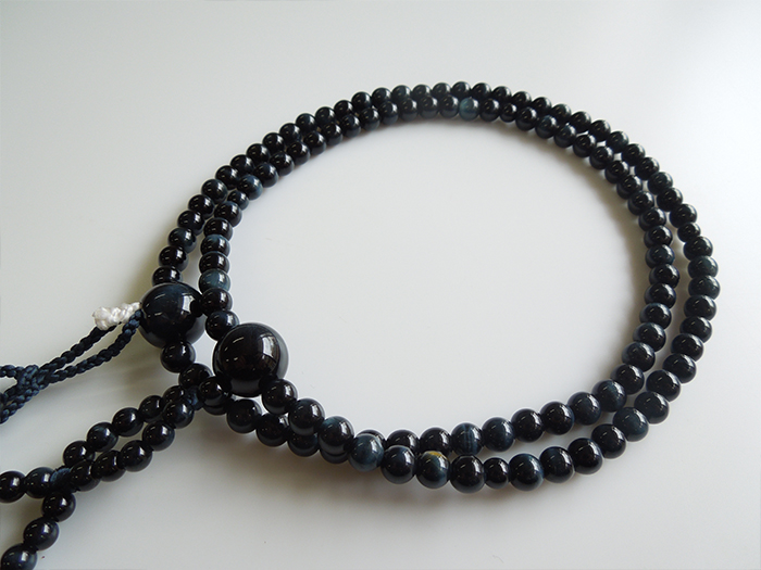 紺虎目石二双半法華 鉄紺かがり梵天共仕立 お数珠の安田念珠店へ